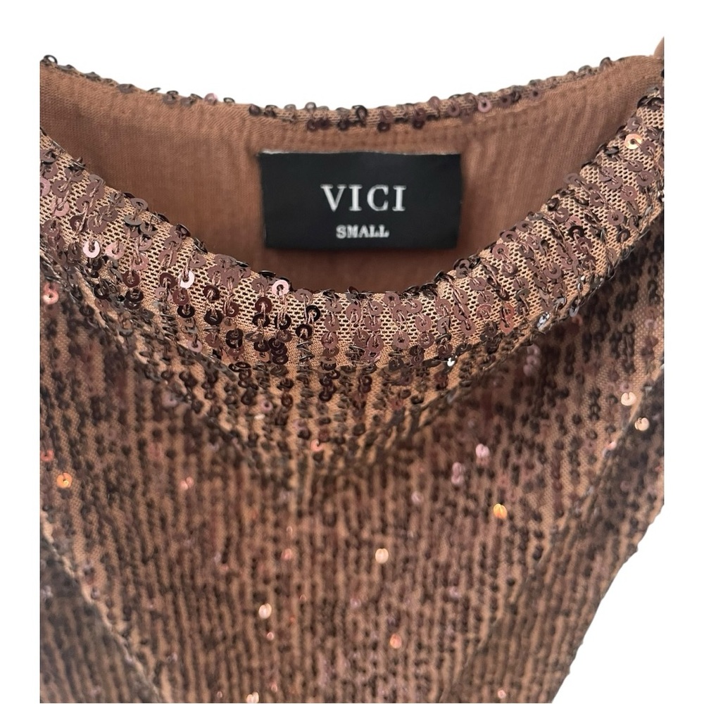 VICI Collection Sequin Dark Brown Maxi Spaghetti Strap Slip Slit Dress Sz S NWOT - Picture 3 of 5